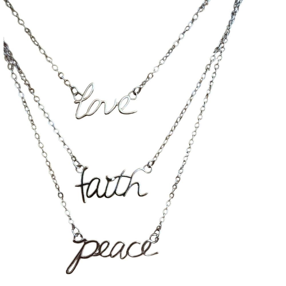 Silver Tone Triple Layered Script Necklace Love Faith Peace Inspirational